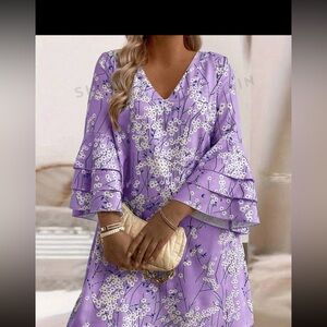 Floral print v neck dress with flared sleeve